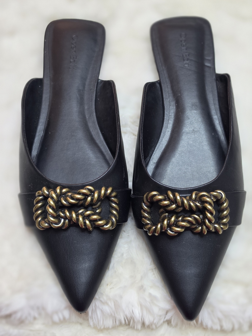 Black Pointed Toe Mule with Gold Chain Accent